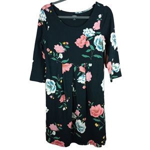 Old Navy black floral maternity dress size medium Midi 3/4 Sleeve